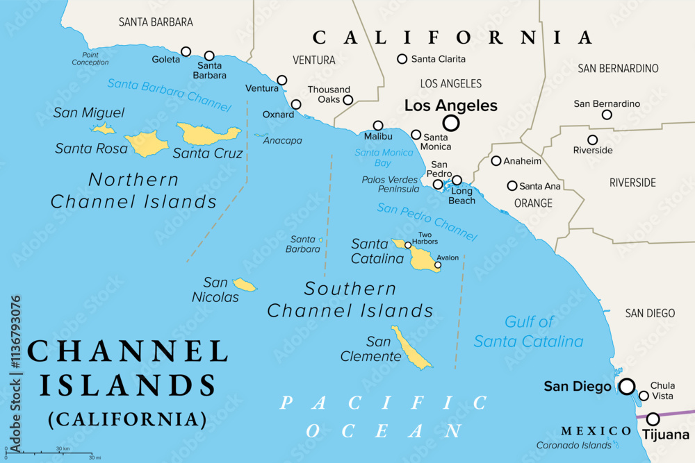 Obraz premium Channel Islands of California, political map. Eight-island archipelago in the Pacific, southwest of Los Angeles metropolitan area, administered by the counties Santa Barbara, Ventura and Los Angeles.