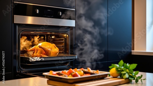 Roasting a Golden Brown Turkey in a Modern Kitchen Oven with Steaming Vegetables photo