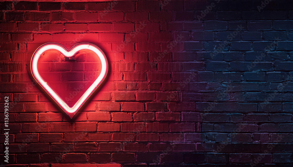 A glowing red neon heart sign illuminates a brick wall with a gradient of red and blue lighting. A glowing red neon heart sign illuminates a brick wall with a gradient of red and blue lighting.
