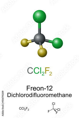 Freon-12, Dichlorodifluoromethane, R-12, molecule model and chemical formula. Chlorofluorocarbon halomethane, CFC, used as refrigerant and aerosol spray propellant. Banned due to ozone layer damaging.