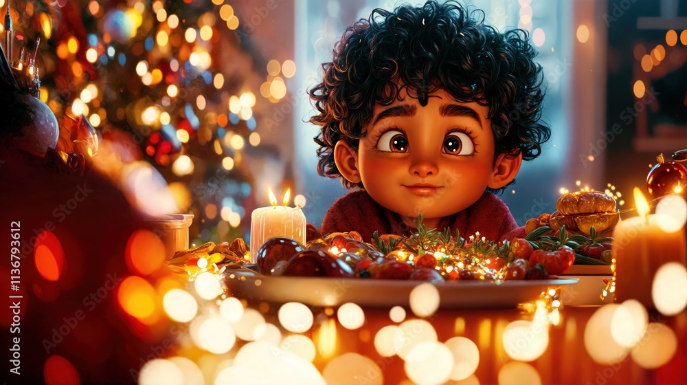 Happy child enjoying a festive Christmas dinner with glowing decorations and holiday lights