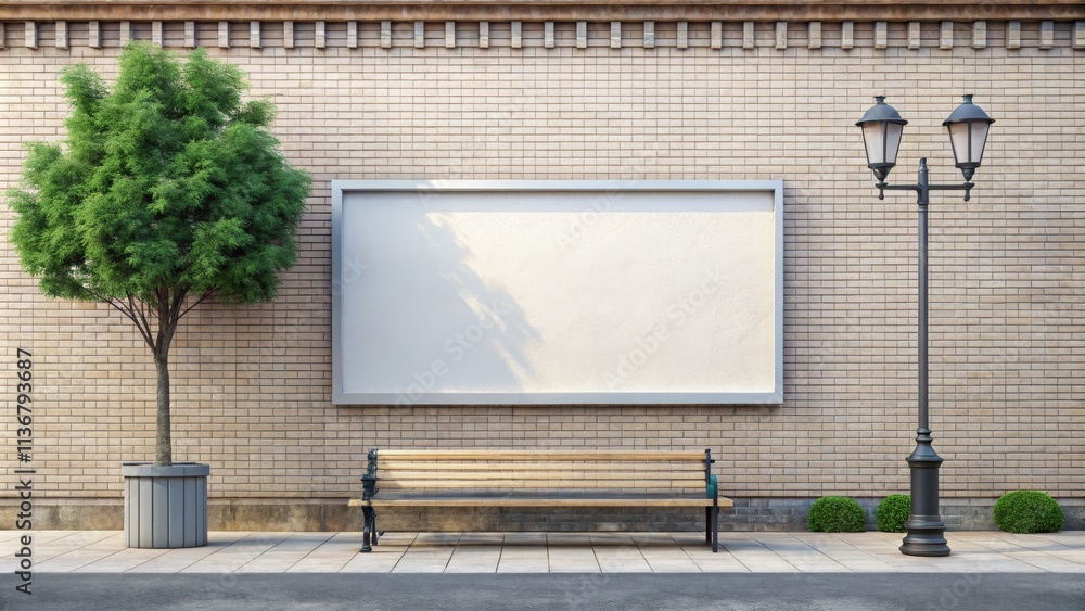 Front View Composition Blank Billboard on Brick Wall with Bench, Street Lamp and Tree, Outdoor Advertising Mockup. Street, Billboard, Mockup Front View Composition Blank Billboard on Brick Wall with Bench, Street Lamp and Tree, Outdoor Advertising Mockup. Street, Billboard, Mockup
