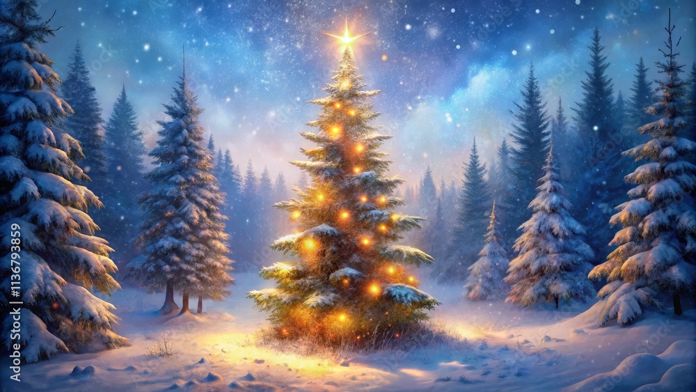 Enchanted Forest Christmas Tree Digital Painting, Snow-Covered Pines, Illuminated Lights, Winter Wonderland. Christmas, Winter, Festive Enchanted Forest Christmas Tree Digital Painting, Snow-Covered Pines, Illuminated Lights, Winter Wonderland. Christmas, Winter, Festive