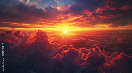 A Breathtaking Sunset Over a Sea of Clouds, Painted in Vibrant Hues of Orange and Red