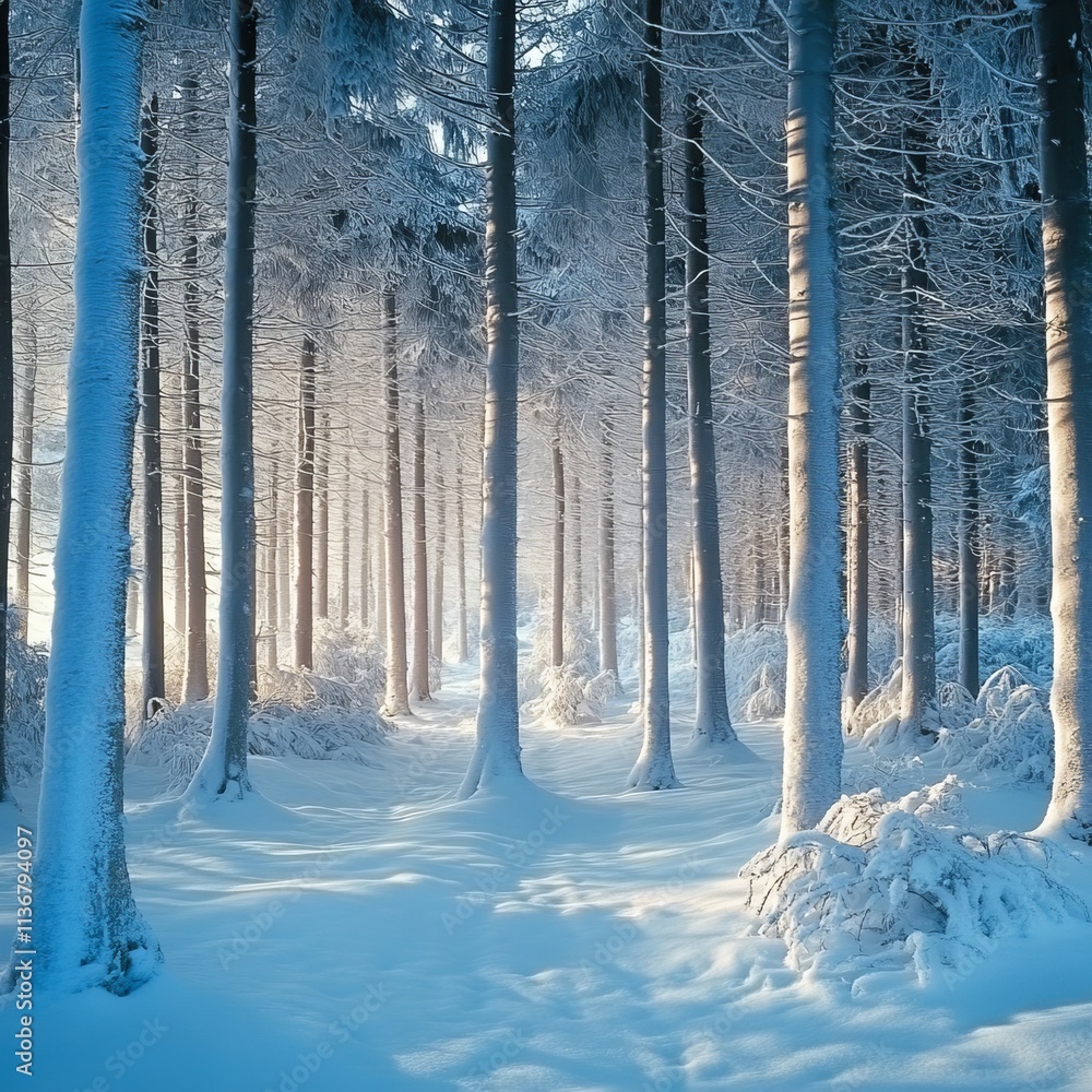 Icy forest with snow-capped trees Icy forest with snow-capped trees