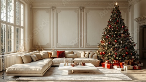 a realistic picture of a living room with baige large sofa and white coffee table and a big christmas tree. decorated for cristmas in colors of red and gold  photo