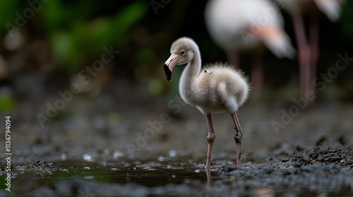 A cute baby flamingo stands near water, showcasing its fluffy feathers and youthful curiosity in a tranquil natural setting. photo