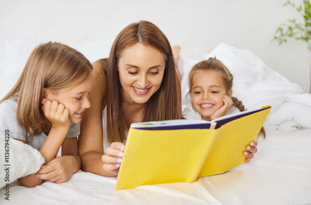 Family with children spends leisure time together at home, reading a book on the bed. The family enjoys a relaxing weekend in cozy bedroom, sharing stories and bonding in a peaceful setting. Family with children spends leisure time together at home, reading a book on the bed. The family enjoys a relaxing weekend in cozy bedroom, sharing stories and bonding in a peaceful setting.