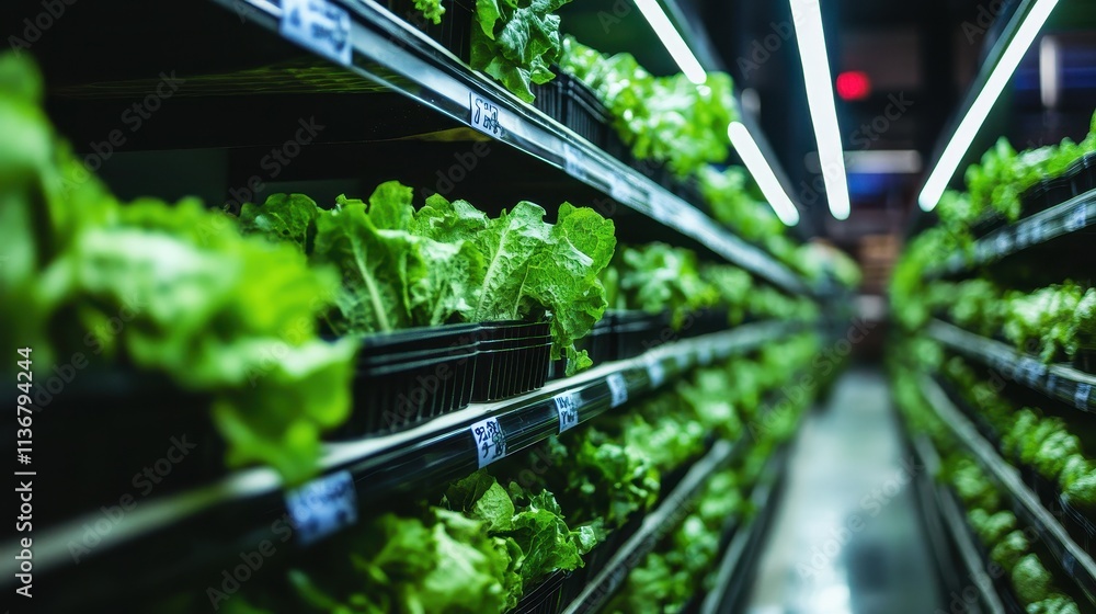 Lush Leafy Greens in a Modern Supermarket Aisle Lush Leafy Greens in a Modern Supermarket Aisle