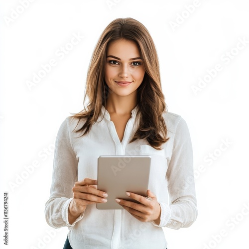 Tablet user on white background.