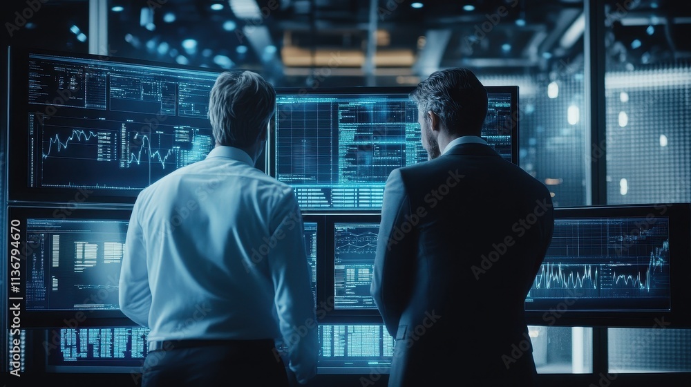 Financial Analysts Examining Data on Large Screens in Dark Office Financial Analysts Examining Data on Large Screens in Dark Office