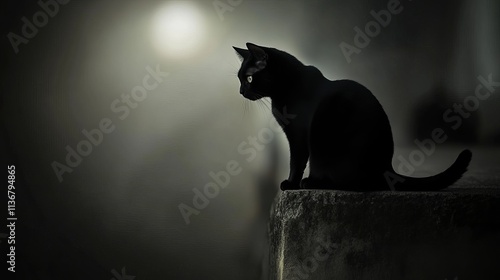 A black cat sits quietly on a ledge, gazing intently into the distance, surrounded by a mysterious fog.