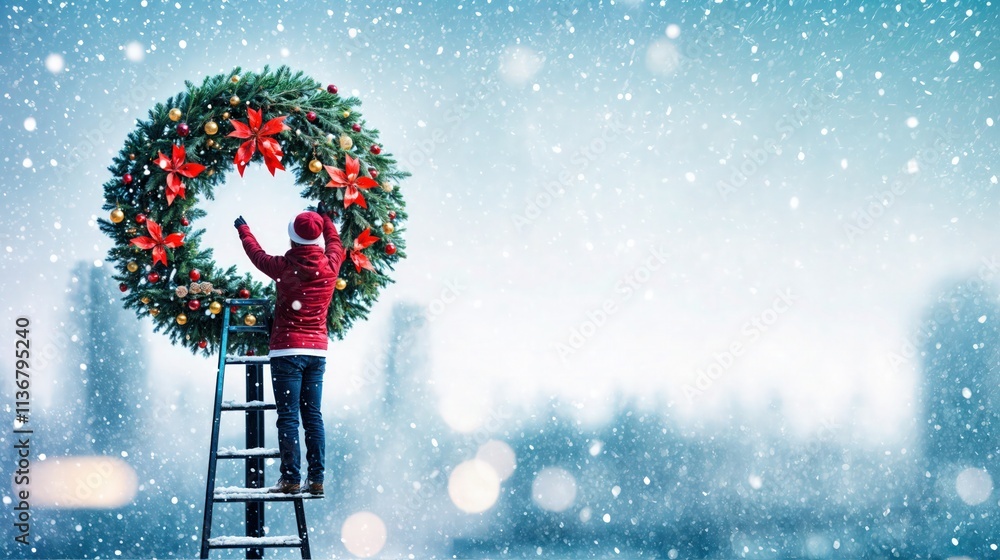 Person on a ladder decorating a giant Christmas wreath outdoors during heavy snowfall