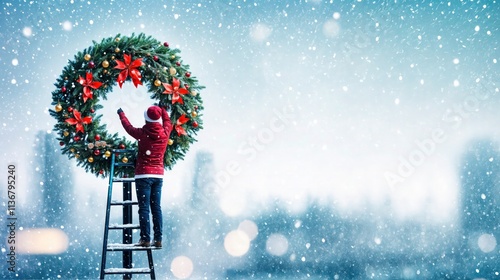 Obraz na płótnie Person on a ladder decorating a giant Christmas wreath outdoors during heavy snowfall
w salonie