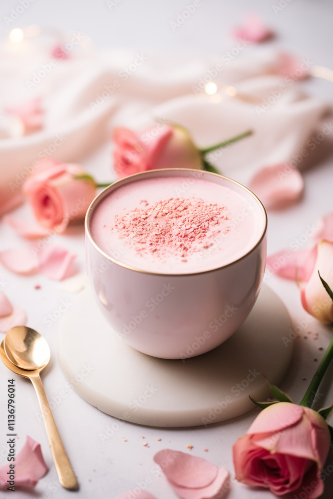 Pink Latte with Rose Petals and Gold Spoon on Marble Tabletop Pink Latte with Rose Petals and Gold Spoon on Marble Tabletop
