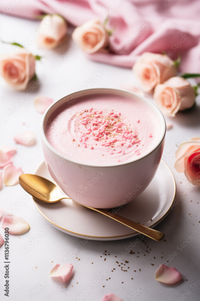 Pink Latte with Rose Petals and Gold Spoon on Marble Tabletop Pink Latte with Rose Petals and Gold Spoon on Marble Tabletop