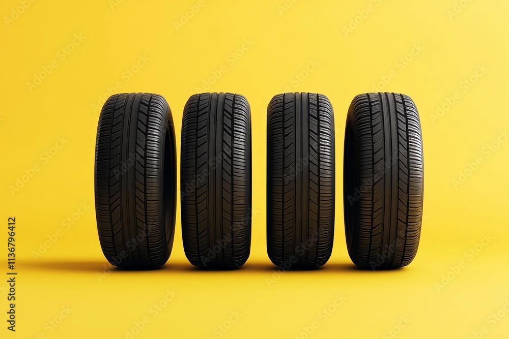 Four tires standing on a yellow background Four tires standing on a yellow background