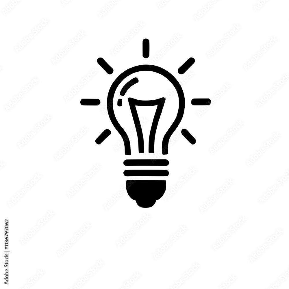 Shining Bright: A minimalist black and white illustration of a light bulb radiating with energy, symbolizing inspiration, innovation, and creative thinking. Shining Bright: A minimalist black and white illustration of a light bulb radiating with energy, symbolizing inspiration, innovation, and creative thinking.