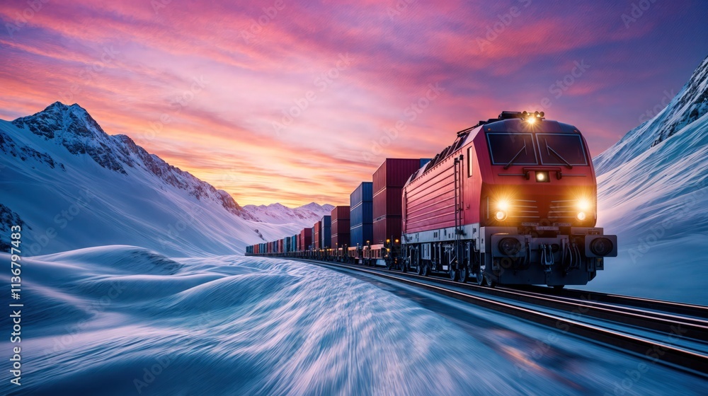 Red freight train with cargo containers traveling through snowy mountain landscape at vibrant sunset