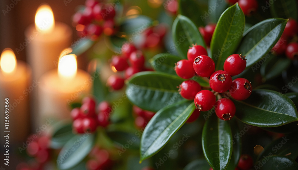 Obraz premium Close-up of red berries and green leaves with candles in the background creating a festive atmosphere