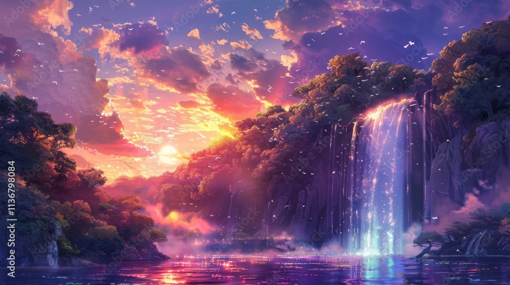 Enchanting Waterfall Cascading Down a Lush Mountainside Under a Vibrant Sunset Sky Enchanting Waterfall Cascading Down a Lush Mountainside Under a Vibrant Sunset Sky
