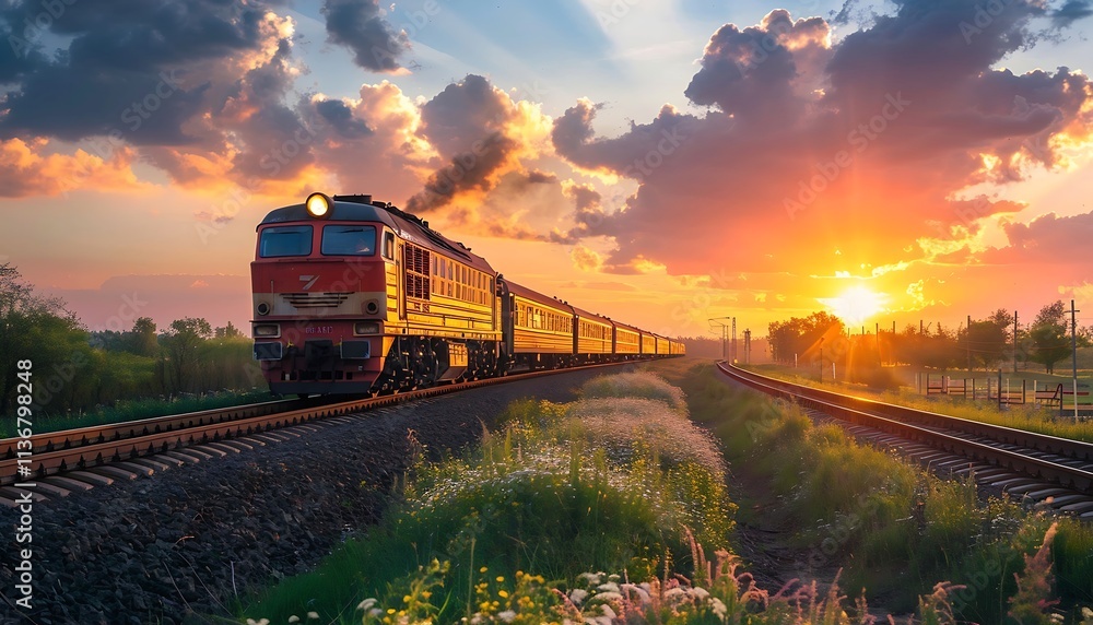 Train on the railroad at sunset. Railway station at sunset. Railway station at sunset Train on the railroad at sunset. Railway station at sunset. Railway station at sunset