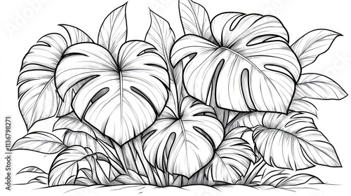 Line art drawing of lush tropical monstera deliciosa plants. photo