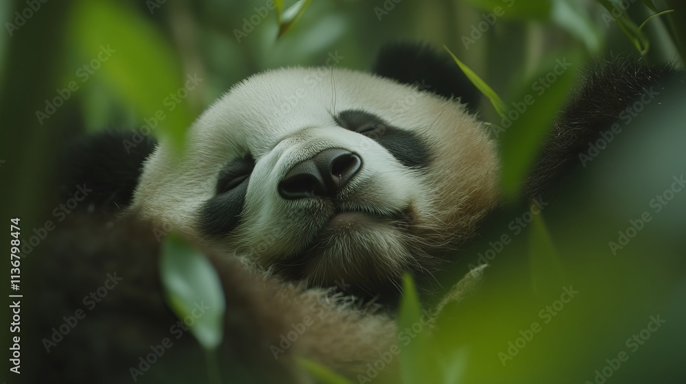 Obraz premium A close-up of a relaxed giant panda nestled among green foliage, embodying tranquility in a serene natural setting.