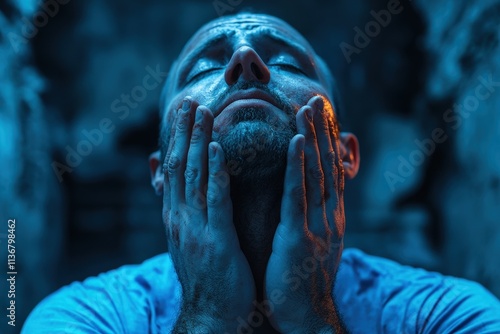 A man expresses deep emotion as he contemplates amid dim lighting, showcasing the rawness of human experience, striving for understanding through introspection and emotion. photo