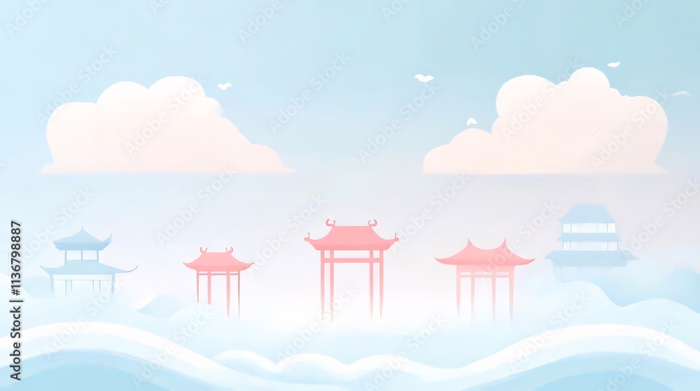 Misty Asian pagodas, cloudy sky. Misty Asian pagodas, cloudy sky.