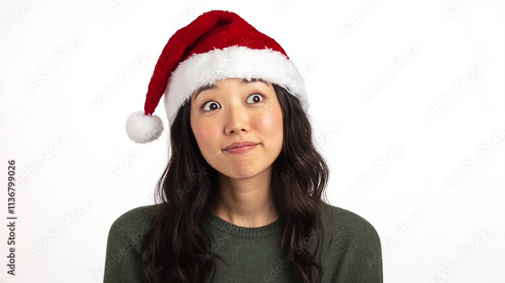 A festive portrait of an Asian-Caucasian woman wearing a Santa hat, isolated against a white background. High details, perfect for holiday and Christmas-themed content.
A festive portrait of an Asian-Caucasian woman wearing a Santa hat, isolated against a white background. High details, perfect for holiday and Christmas-themed content.