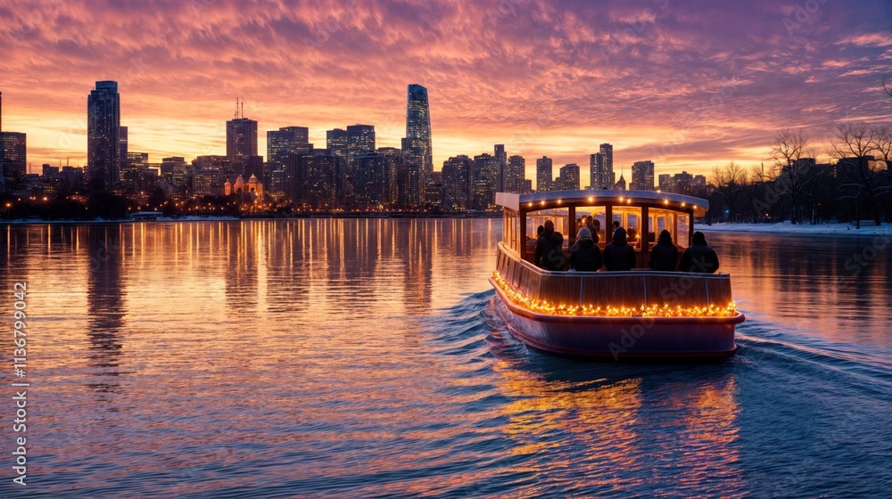 Festive boat with glowing lights sailing on calm water at sunset with city skyline in the background