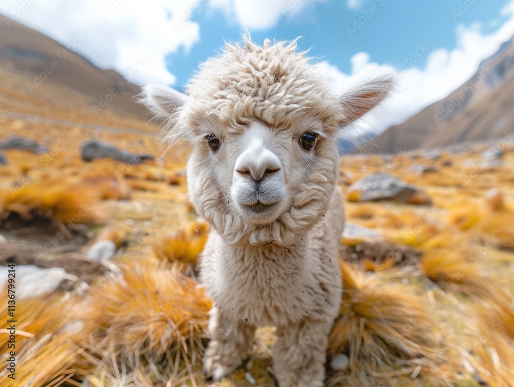 Obraz premium A cute baby alpaca stands on a grassy landscape, surrounded by mountains under a bright blue sky with fluffy clouds.