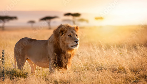 Lion in Savannah at Dawn, Majestic Stance Under Golden Light, Grass Swaying Gently in the Breeze with Soft Focus Background -02
 photo