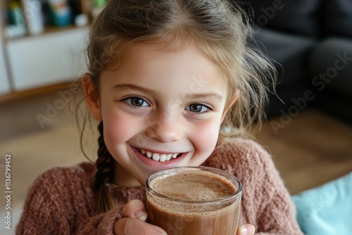Smiling Girl Enjoying Warm Chocolate Drink Indoors on a Cozy Day