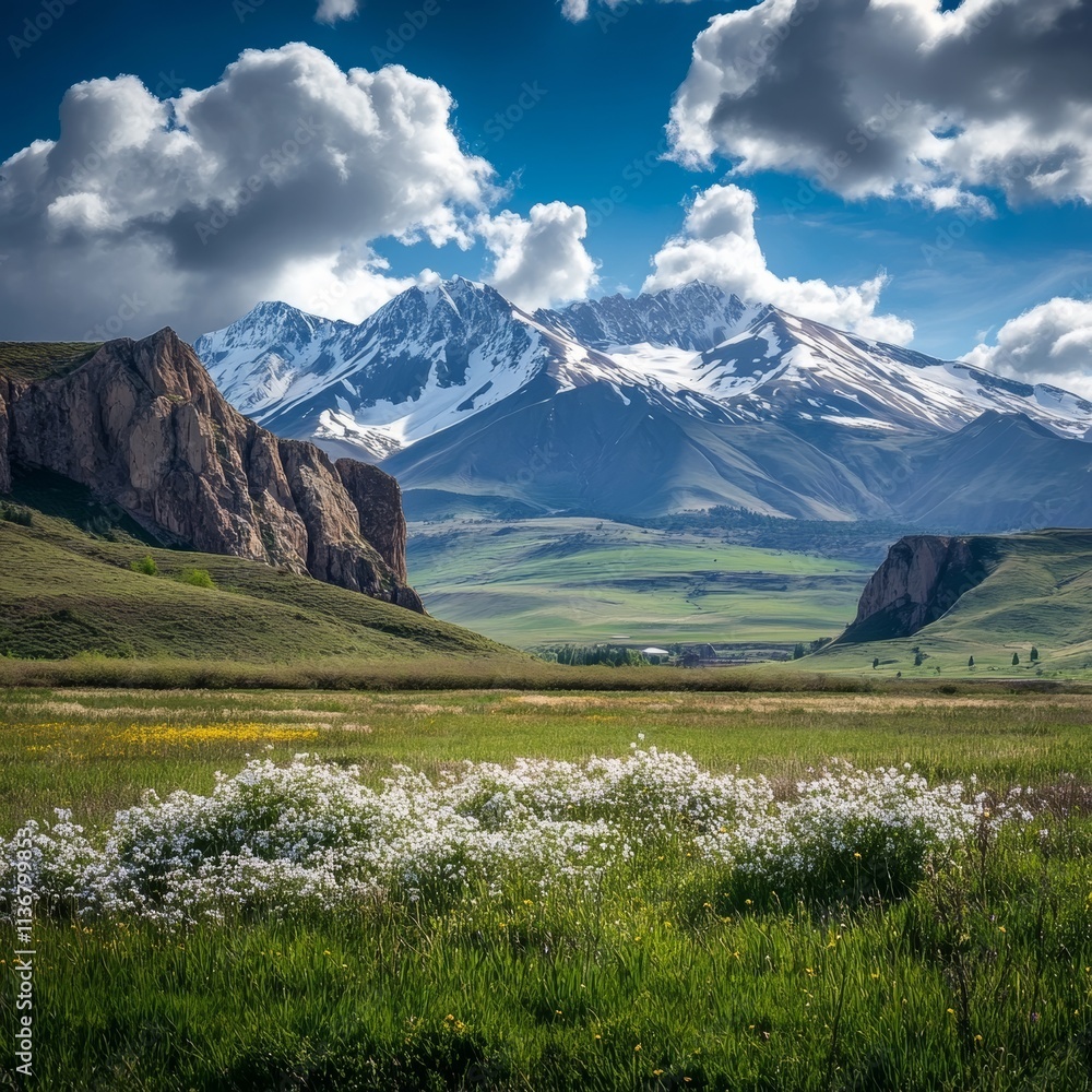 Fototapeta premium Springy Armenian scene with snow-topped mountains