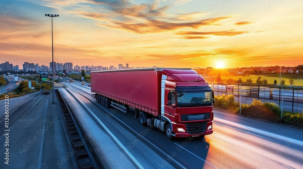 Vibrant Sunset Landscape with Truck Speeding on the Highway Vibrant Sunset Landscape with Truck Speeding on the Highway