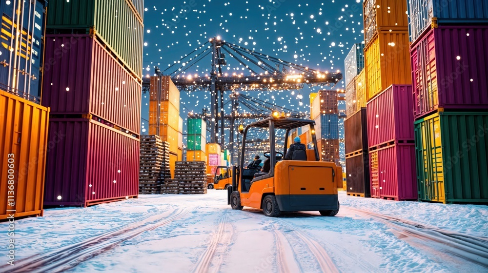 Shipping containers stacked at snowy cargo port with forklift moving goods under bright industrial lights