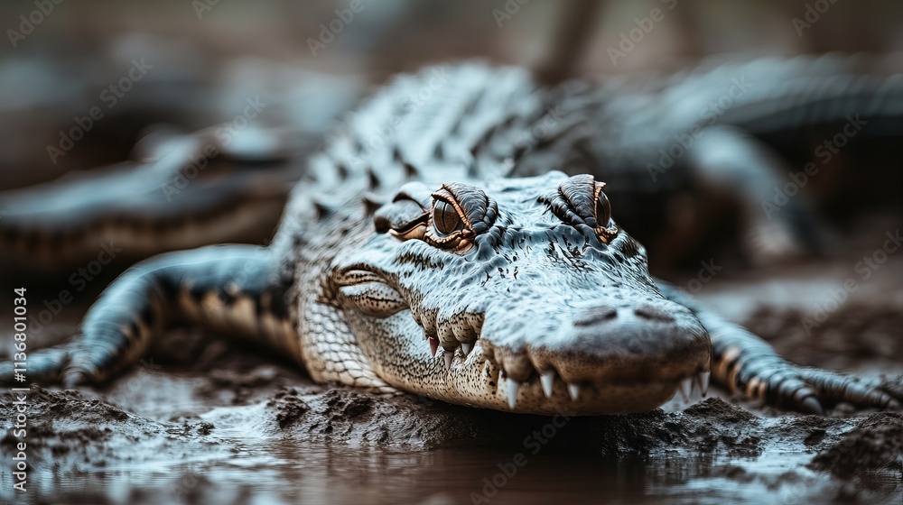 Fototapeta premium A close-up of a crocodile resting beside the water, showcasing its textured skin and piercing eyes.