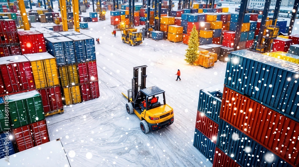 Aerial view of busy snowy container port with forklifts and colorful containers during festive winter snowfall