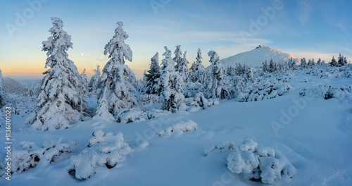 Obraz na płótnie winter landscape of Giant mountains at winter sunset in Poland w salonie