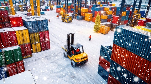 Obraz na płótnie Aerial view of busy snowy container port with forklifts and colorful containers during festive winter snowfall
w salonie