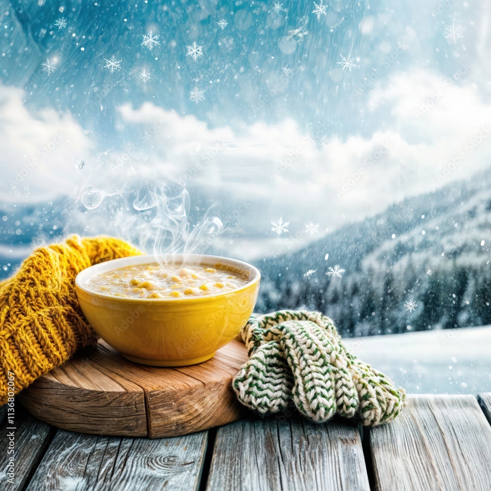 Steaming bowl of hot soup on wooden table with warm mittens and snowy mountain landscape in background