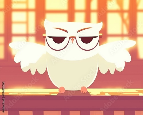 An animated white owl with glasses, perched confidently, exuding a wise and slightly sassy demeanor in warm light. photo