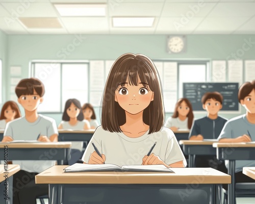 A young Asian female student focused on her studies in a classroom filled with peers.