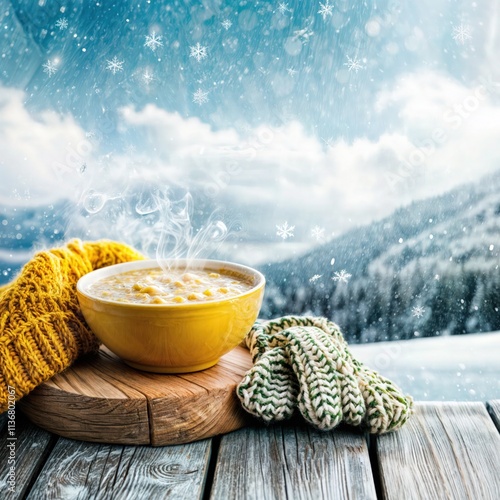 Obraz na płótnie Steaming bowl of hot soup on wooden table with warm mittens and snowy mountain landscape in background
w salonie