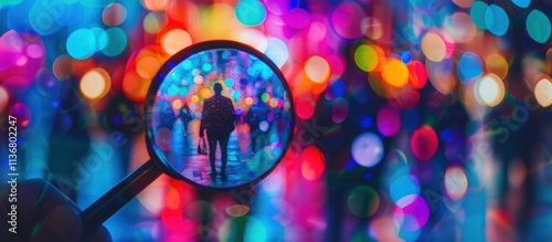 A magnifying glass highlighting a person in a blurred colorful crowd with dynamic bokeh lights in the background. Concept for surveillance system looking for people in the crowd
