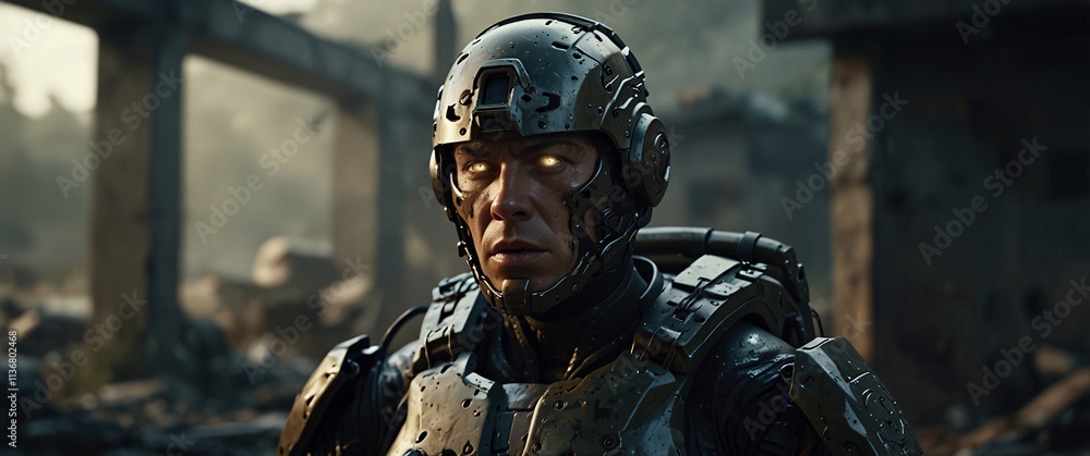 Post-Apocalyptic Warrior: A grizzled soldier, clad in futuristic combat armor, surveys the desolate landscape of a ruined city. Post-Apocalyptic Warrior: A grizzled soldier, clad in futuristic combat armor, surveys the desolate landscape of a ruined city.