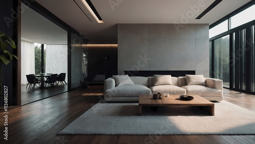  Modern living room featuring a light-colored sofa, wooden coffee table, and large windows for natural light.