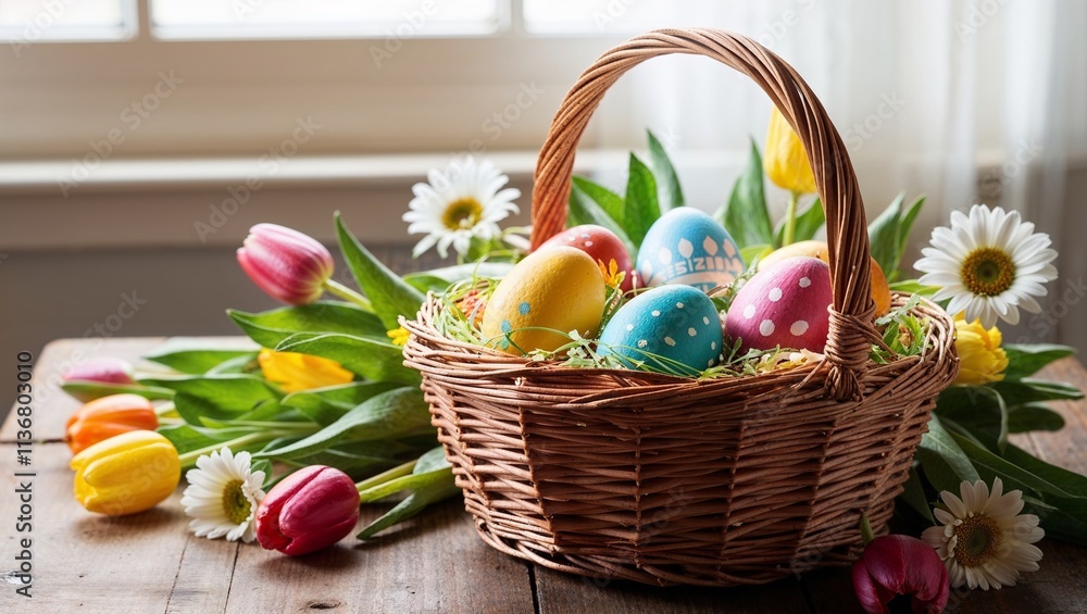 Easter basket filled with colorful painted eggs and surrounded by fresh flowers on a rustic table
Easter basket filled with colorful painted eggs and surrounded by fresh flowers on a rustic table